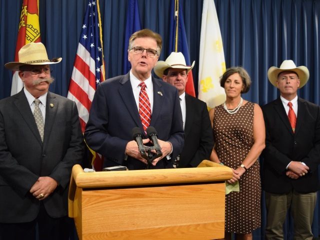 Lt. Gov. Dan Patrick  (speaking) joined Sheriff Aj Louderback; Chambers County Sheriff Brian Hawthorne; Victoria County Sheriff Michael O’Conner, and Jessica Vaughan, Director of Policy Studies for the Center for Immigration Studies. (Photo: Breitbart Texas/Lana Shadwick)