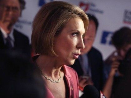 Rebulican presidential candidate Carly Fiorina fields questions from the press following a