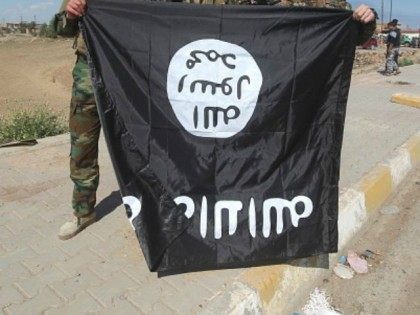 raqi Sunni and Shiite fighters pose for a photo with an Islamic State (IS) group flag in the Al-Alam town, northeast of the Iraqi city of Tikrit, on March 17, 2015 after recapturing the town from IS fighters earlier in the month. Loyalists had already failed three times to retake …