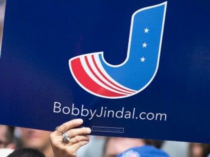 A visitor shows support for Republican presidential candidate Louisiana Governor Bobby Jin