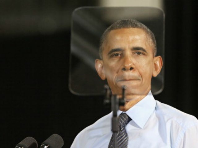 U.S. President Barack Obama is framed by his teleprompter while delivering remarks at the