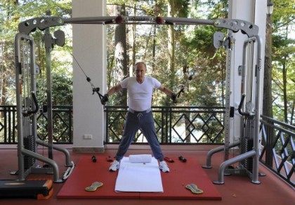 Russian President Putin exercises in a gym at the Bocharov Ruchei state residence in Sochi
