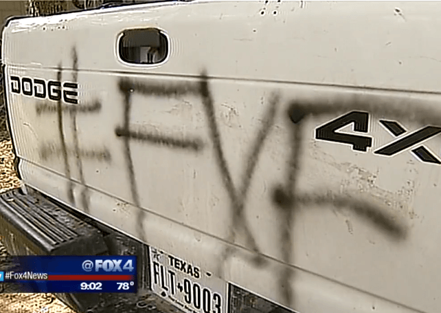 Veteran's truck tagged with #FYF (#FukYoFlag) after displaying pro-cop message. (Photo: Fox4 Video Screenshot)