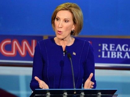 Carly Fiorina speak during the Republican presidential debate at the Ronald Reagan Presidential Library in Simi Valley, California on September 16, 2015. Republican presidential frontrunner Donald Trump stepped into a campaign hornet's nest as his rivals collectively turned their sights on the billionaire in the party's second debate of the …