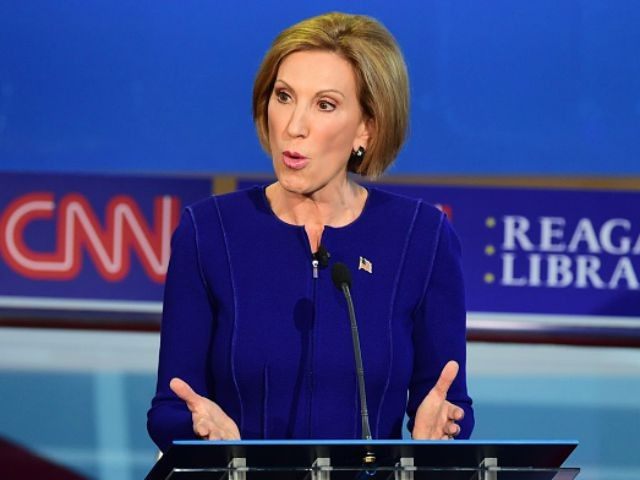 Carly Fiorina speak during the Republican presidential debate at the Ronald Reagan Presidential Library in Simi Valley, California on September 16, 2015. Republican presidential frontrunner Donald Trump stepped into a campaign hornet's nest as his rivals collectively turned their sights on the billionaire in the party's second debate of the …
