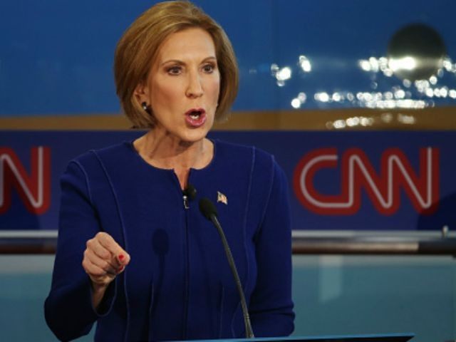 Republican presidential candidate Carly Fiorina takes part in the presidential debates at the Reagan Library on September 16, 2015 in Simi Valley, California. Fifteen Republican presidential candidates are participating in the second set of Republican presidential debates. (Photo by)