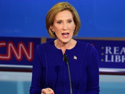 Republican presidential hopeful Carly Fiorina speaks during the Republican presidential debate at the Ronald Reagan Presidential Library in Simi Valley, California on September 16, 2015. Republican presidential frontrunner Donald Trump stepped into a campaign hornet's nest as his rivals collectively turned their sights on the billionaire in the party's second …