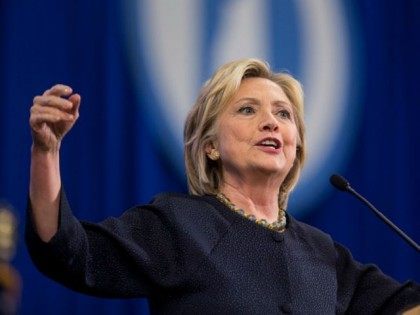 Democratic presidential candidate Hillary Clinton speaks on stage during the New Hampshire