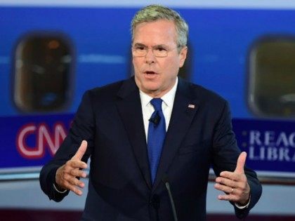 Republican presidential hopeful Jeb Bush speaks during the Republican Presidential Debate at the Ronald Reagan Presidential Library in Simi Valley, California, September 16, 2015. Republican presidential candidates collectively turned their sights on frontrunner Donald Trump at the party's second debate, taking aim at his lack of political experience and his …