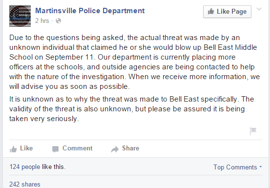 Martinsville PD Facebook Post Sept 9 2015 at 130 pm CST