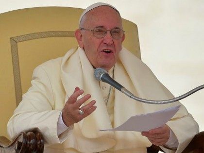 :Pope Francis speaks during his weekly general audience on September 16, 2015 on St Peter&