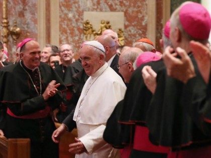 Pope Francis arrives for the midday prayer service at the Cathedral of St. Matthew on Sept