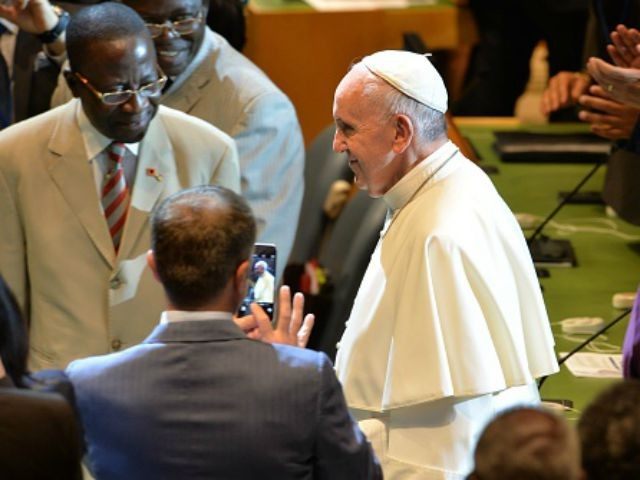 Pope Francis arrives to deliver a speech to the 70th session of the United Nations General