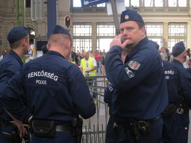 Hungary's para-military police are stationed at Budapest's main railway terminal
