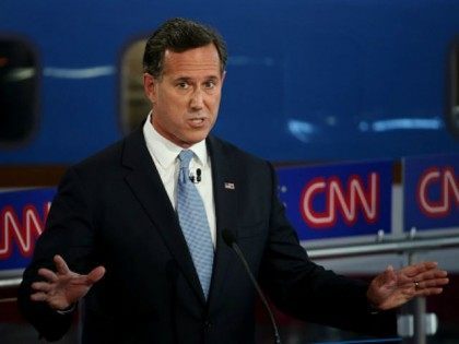Republican presidential candidate Rick Santorum take part in the presidential debates at the Reagan Library on September 16, 2015 in Simi Valley, California. Fifteen Republican presidential candidates are participating in the second set of Republican presidential debates. (Photo by