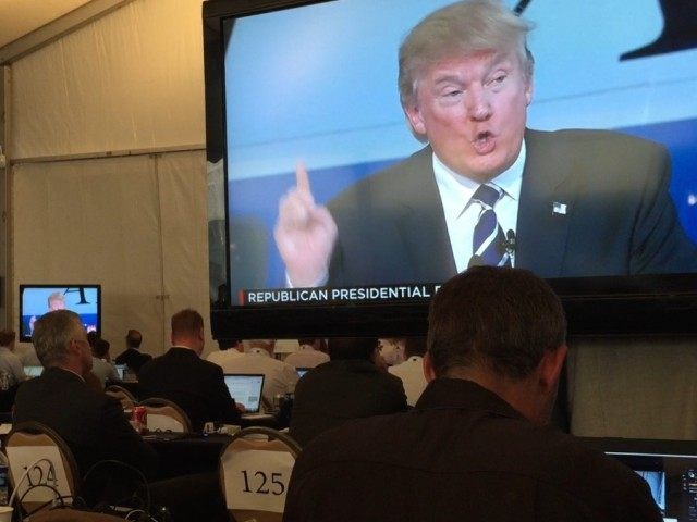 Trump at GOP Debate media center (Joel Pollak / Breitbart News)