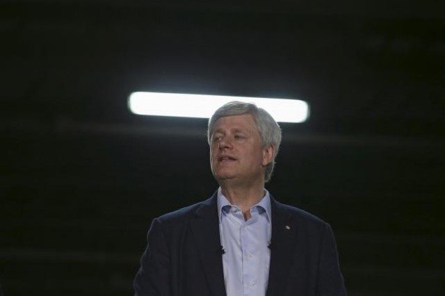 Harper speaks during a campaign event in Ottawa
