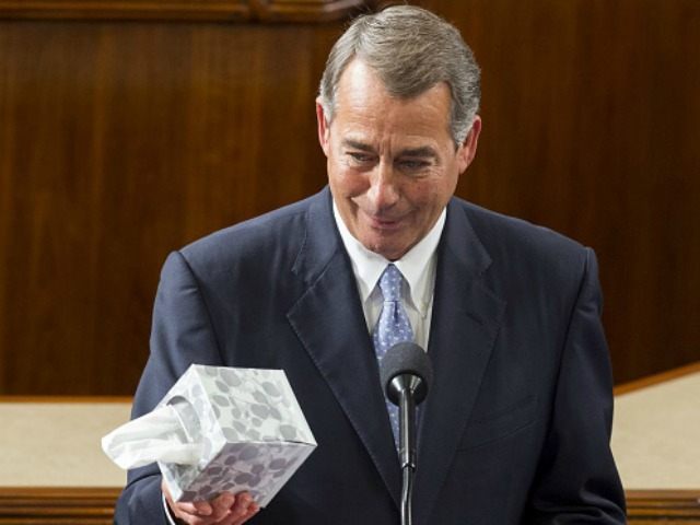 Outgoing Speaker of the House John Boehner, Republican of Ohio, holds up a box of tissues