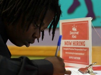 Patshawndria Ivey fills out a job application at Smoothe King May 8, 2015 in Miami, Florida. The Labor Department released numbers that show 223,000 jobs added in April with the unemployment rate at 5.4 percent from 5.5 percent in March, which is the lowest rate since May 2008. (Photo by