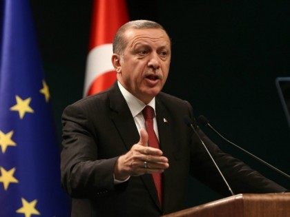 Turkey's President Tayyip Erdogan speaks during a joint press conference with Europea