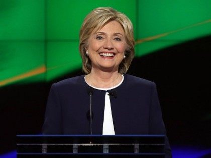 Democratic presidential candidate Hillary Clinton takes part in a presidential debate spon