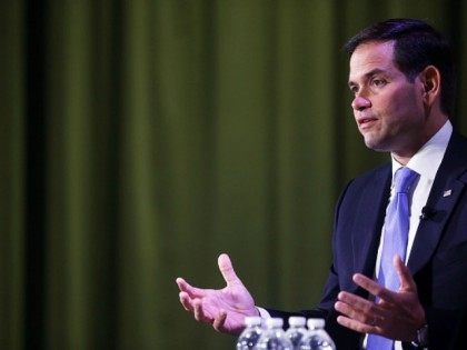 Republican presidential candidate, Sen. Marco Rubio (R-FL) speaks at Civic Hall about the