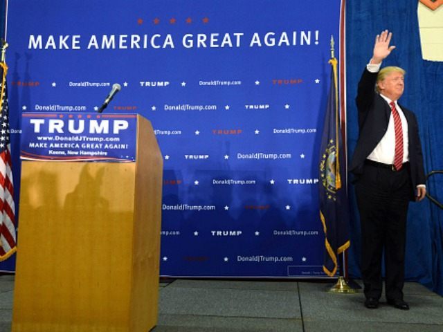 Republican Presidential candidate Donald Trump speaks during a town hall event at Keene Hi