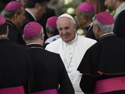 Pope Francis (C) greets bishops at the end of an audience to the participants in the pilgr