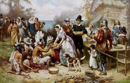 The First Thanksgiving as depicted by Jean Leon Gerome Ferris via Library of Congress.