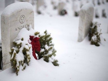 A wreath lays covered in snow next to a marker at Arlington National Cemetery in Arlington, Virginia, January 6, 2015, after a small winter storm.