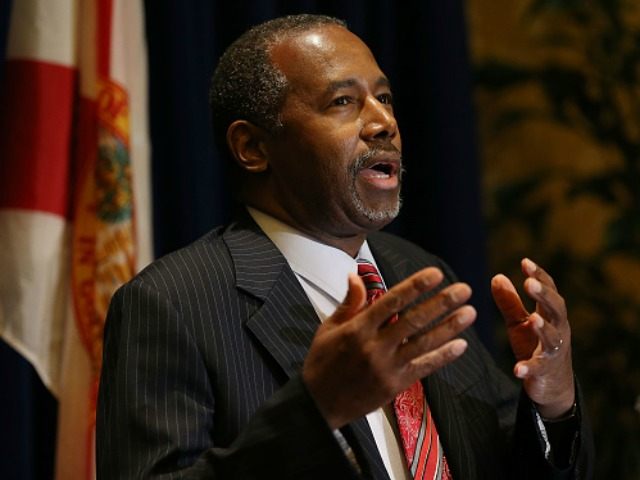 Republican presidential candidate Ben Carson speaks to the media before attending a gala f