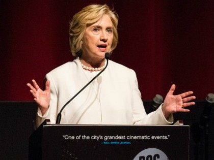 Democratic presidential hopeful Hillary Clinton speaks at the premier of the documentary f