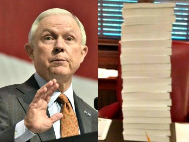 Jeff Sessions and TPP Bill Piled on His Desk AP