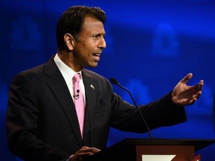 Bobby Jindal gestures during the CNBC undercard Republican Presidential Debate, October 28, 2015 at the Coors Event Center at the University of Colorado in Boulder, Colorado. AFP PHOTO / ROBYN BECK (Photo credit should read