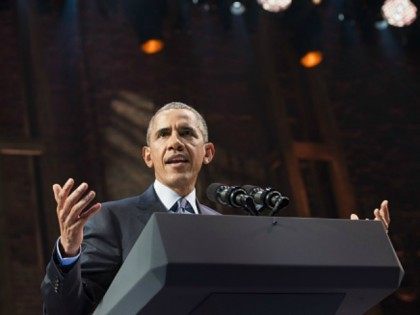 Obama speaks during a Democratic fundraiser following a special performance of the Broadwa