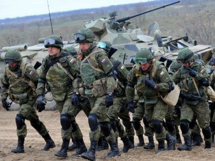 Russian military troops take part in a military drill on Sernovodsky polygon close to the Chechnya border, some 260 km from south Russian city of Stavropol, on March 19, 2015.