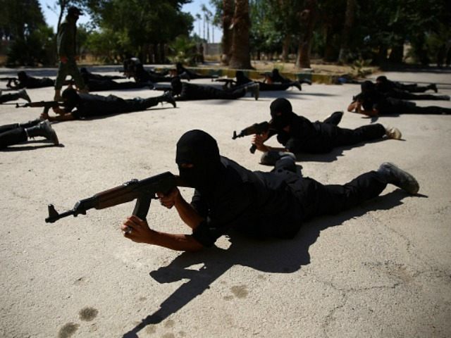Rebel fighters who recently joined the Failaq al-Rahman brigade take part in a training se