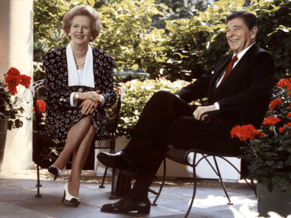 This 17 July, 1987 file photo shows former US President Ronald Reagan and former British P