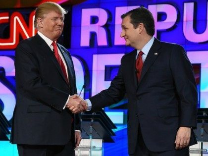 epublican presidential candidates Donald Trump (L) and Sen. Ted Cruz (R-TX) shake hands as they are introduced during the CNN presidential debate at The Venetian Las Vegas on December 15, 2015 in Las Vegas, Nevada. Thirteen Republican presidential candidates are participating in the fifth set of Republican presidential debates. (Photo …