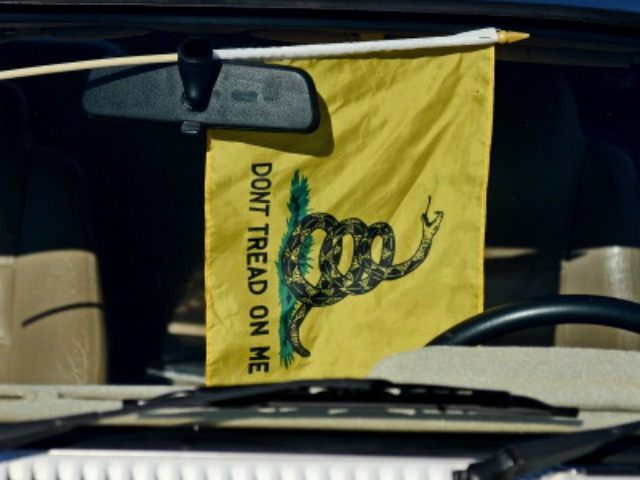 A Gadsden flag hangs from a rearview mirror of a car in the parking lot during the Delaware State Sportsmen's Association Second Amendment rally at the Modern Maturity Center on January 20, 2013 in Dover, Delaware. U.S. President Barack Obama recently unveiled a package of gun control proposals that include …
