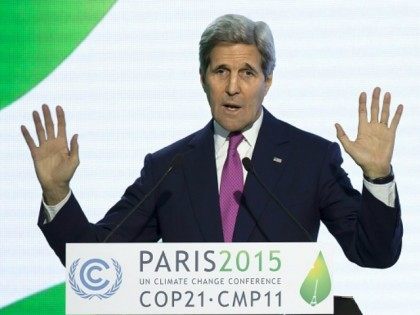 John Kerry gives a speech during a news conference at the COP21 Climate Conference in Le Bourget, north of Paris, on December 9, 2015. The 21st Conference of the Parties (COP21) is held in Paris from November 30 to December 11 aimed at reaching an international agreement to limit greenhouse …