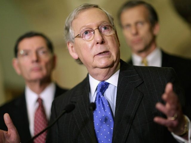 Senate Majority Leader Mitch McConnell (R-KY) talks to reporters following the weekly Sena