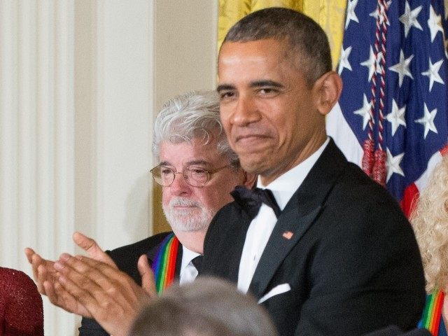 Obama and George Lucas (Andrew Harnik / Associated Press)