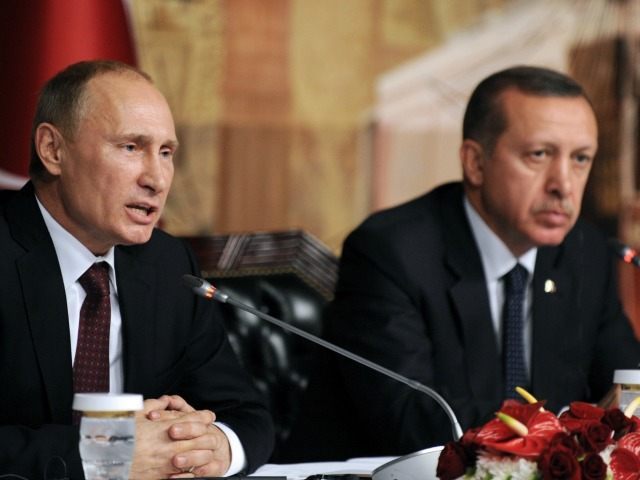 Russia's president Vladimir Putin gives a press conference with Turkish Prime minister Rec