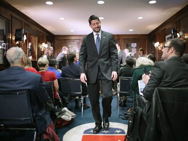 Speaker of the House Paul Ryan (R-WI) leaves a news briefing with members of the House GOP