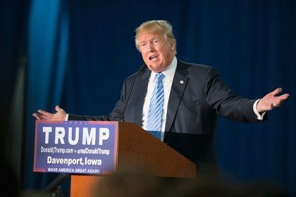 Republican presidential candidate Donald Trump speaks to guests gathered for a campaign ev