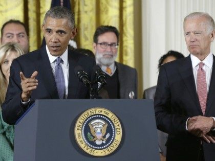 President Barack Obama, joined by Vice President Joe Biden and gun violence victims, speaks in the East Room of the White House in Washington, Tuesday, Jan. 5, 2016, about steps his administration is taking to reduce gun violence. Also on stage are stakeholders, and individuals whose lives have been impacted …