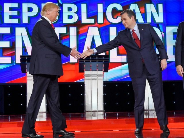 Donald Trump, left, and Ted Cruz shake hands on Tuesday, Dec. 15, 2015, in Las Vegas.
