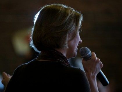 Republican presidential candidate Carly Fiorina speaks during a campaign stop at Smokey Ro