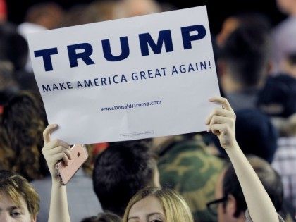 Donald Trump supporters hold up signs during a rally for Republican presidential candidate